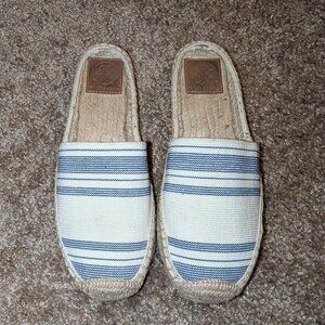 Tory Burch Striped Espadrille Slide Mules Canvas Shoes Blue Cream Size 7